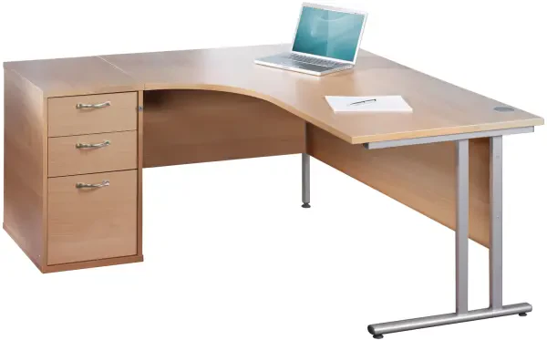 Dams Maestro 25 Corner Desk with Twin Cantilever Legs - 1400 x 1200mm & Desk High Pedestal - Beech