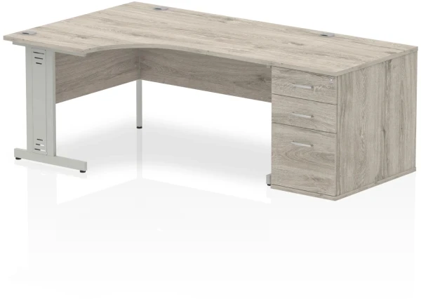 Dynamic Impulse Corner Desk with Cable Managed Leg and 800mm Fixed Pedestal - 1600mm x 1200mm - Grey oak