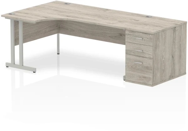 Dynamic Impulse Corner Desk with Cantilever Legs and 800mm Desk High Pedestal - 1800 x 1200mm - Grey oak