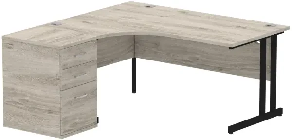 Dynamic Impulse Corner Desk with Cantilever Leg and 600mm Desk High Pedestal - 1600 x 1200mm - Grey oak