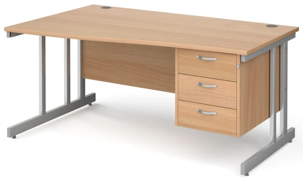 Gentoo Wave Desk with 3 Drawer Pedestal and Double Upright Leg 1600 x 990mm - Beech